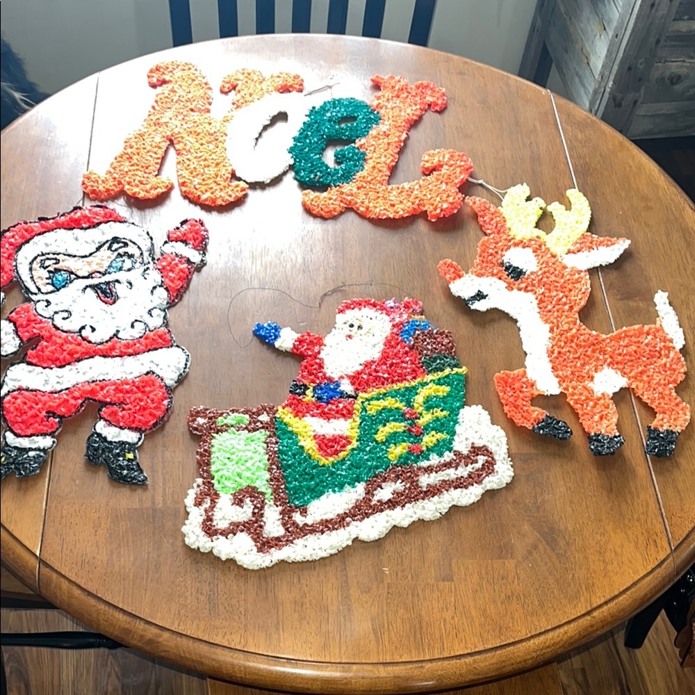 Vintage melted plastic popcorn/ Christmas hangings 4 - Santa -Rudolph- Noel